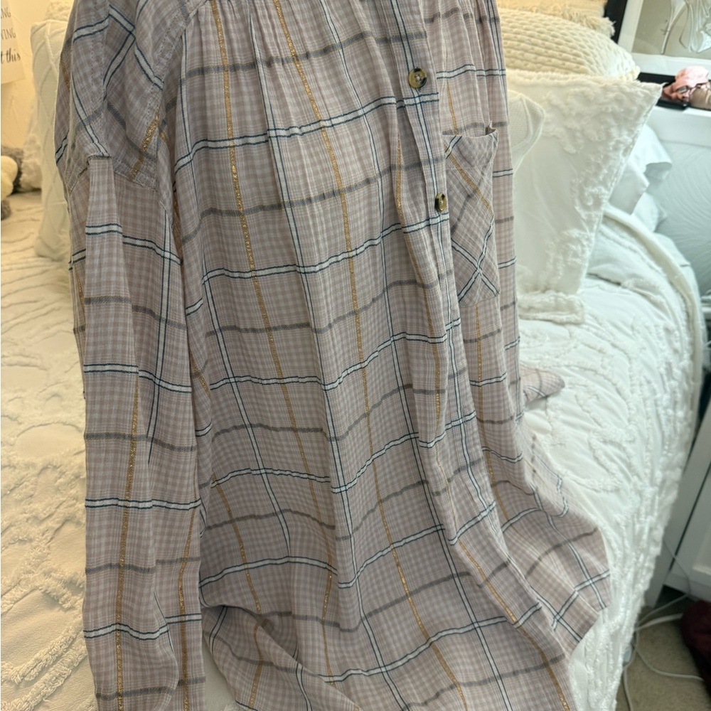 Free People Plaid Button Down Shirt - pink Cream and Gold - Picture 5 of 9